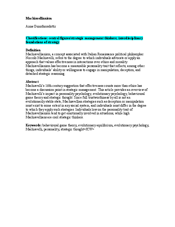 Machiavellianism Anna Gunnthorsdottir Academia.edu