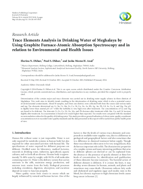 (PDF) Trace Elements Analysis in Drinking Water of Meghalaya by Using ...
