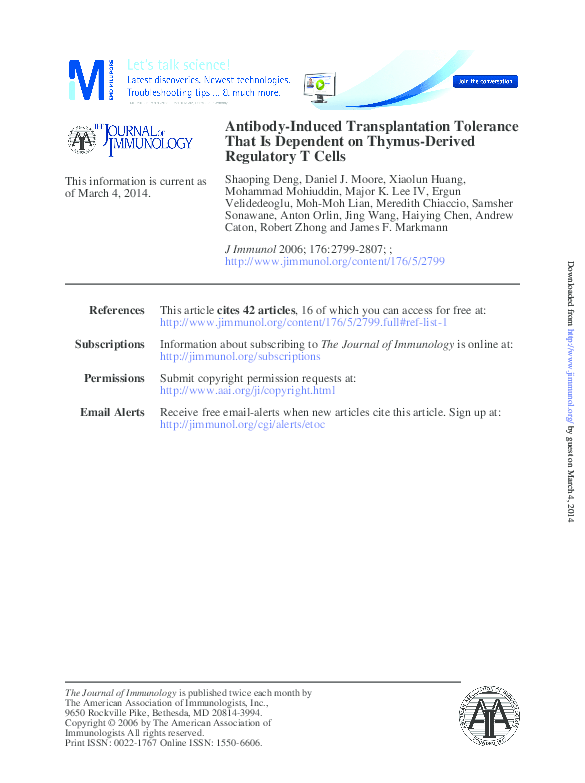 (PDF) Thymus-Derived Regulatory T Cells Tolerance That Is Dependent on ...