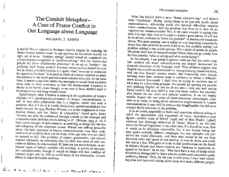 (PDF) The Conduit Metaphor A Case of Frame Conflict in Our Language