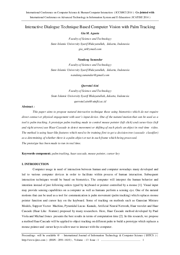 Interactive Dialogue Technique Based Computer Vision with Palm Tracking