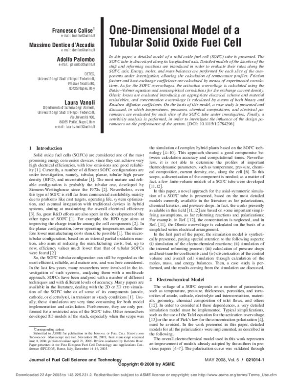 (PDF) One-Dimensional Model of a Tubular Solid Oxide Fuel Cell