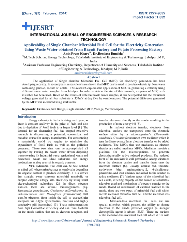 (PDF) Applicability of Single Chamber Microbial Fuel Cell for the ...