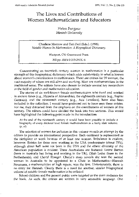 (PDF) The Lives and Contributions of Women Mathematicians and Educators