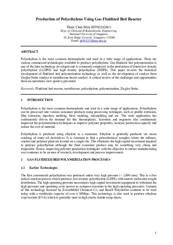 (PDF) Production of Polyethylene Using Gas Fluidized Bed Reactor nared phetrak Academia.edu