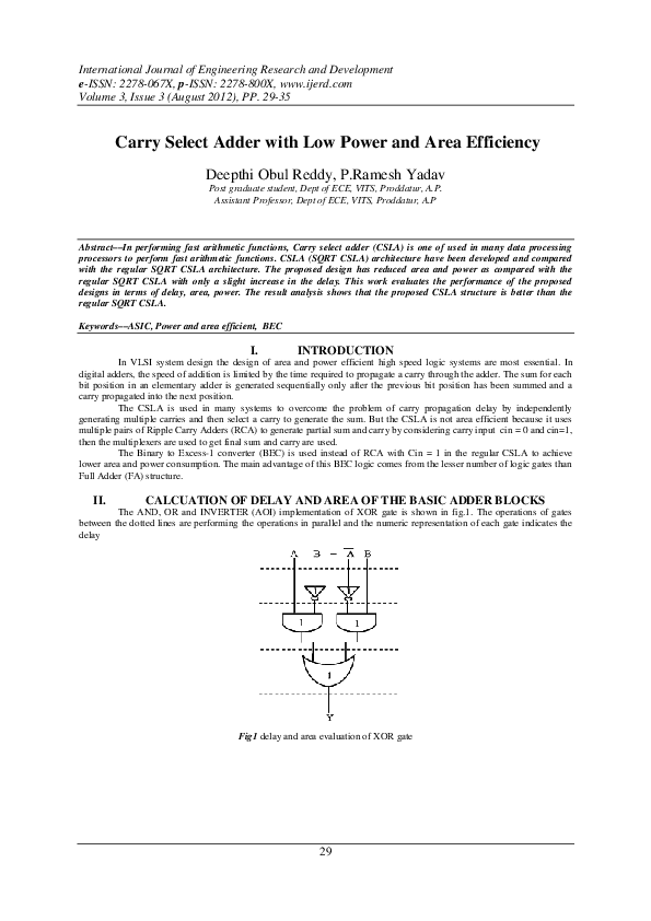 (PDF) Carry Select Adder with Low Power and Area Efficiency