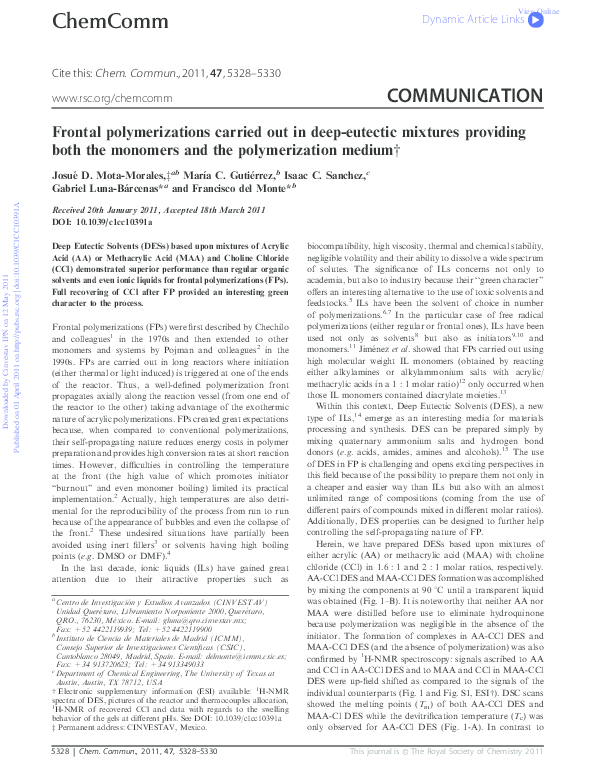 Frontal polymerizations carried out in deep eutectic mixtures providing
