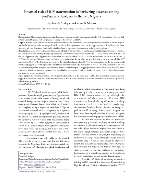 (PDF) Potential risk of HIV transmission in barbering practice among