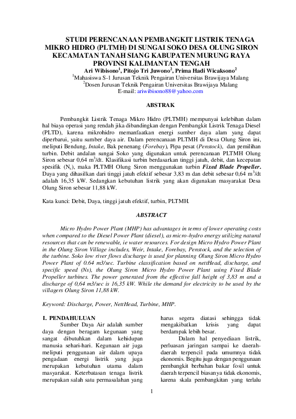 (PDF) STUDI PERENCANAAN PEMBANGKIT LISTRIK TENAGA MIKRO HIDRO (PLTMH ...