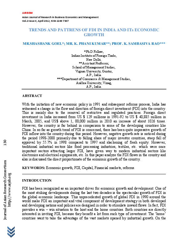 (PDF) TRENDS AND PATTRENS OF FDI IN INDIA AND ITs ECONOMIC GROWTH