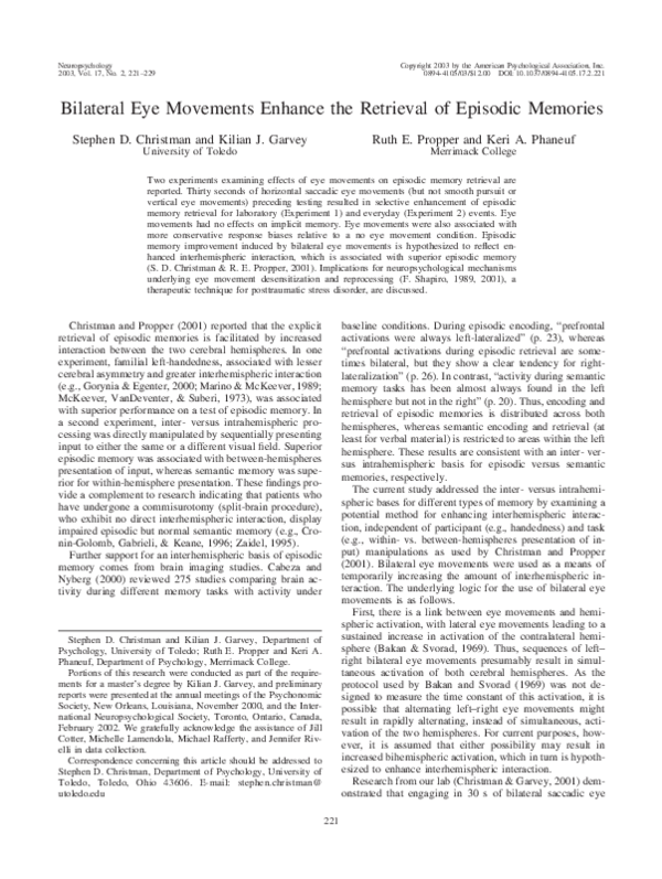 (PDF) Bilateral Eye Movements Enhance the Retrieval of Episodic Memories