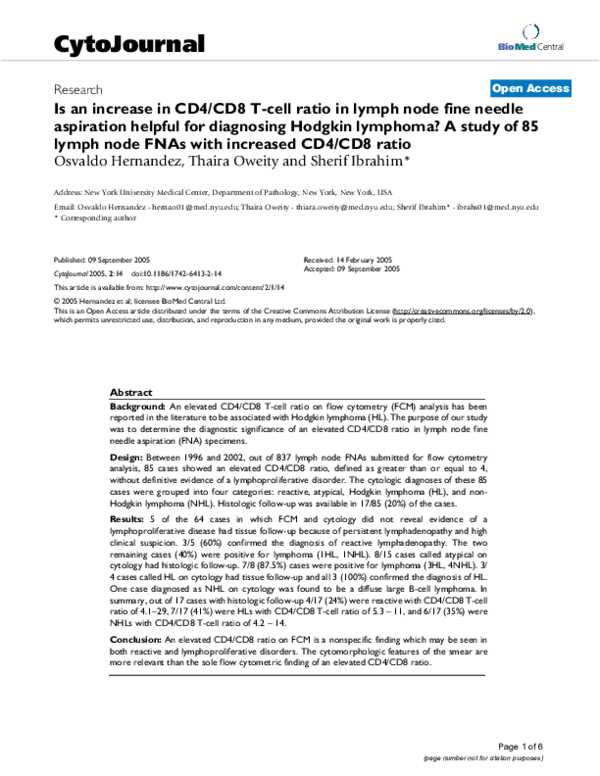 (PDF) Is an increase in CD4/CD8 T-cell ratio in lymph node fine needle ...