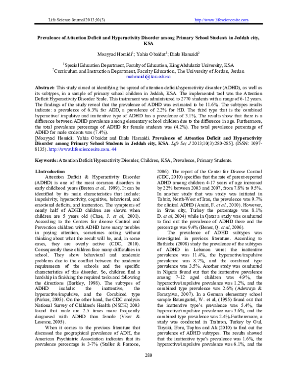 (PDF) Prevalence of Attention Deficit and Hyperactivity Disorder among ...