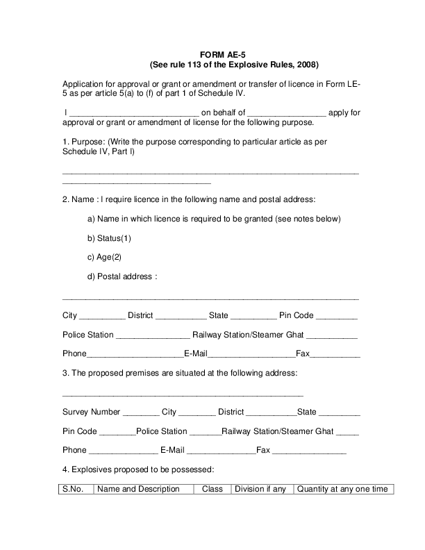 (PDF) FORM AE5 (See rule 113 of the Explosive Rules, 2008 jenish
