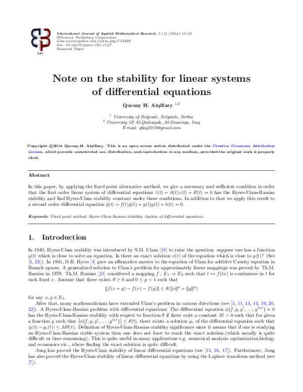(PDF) Note on the stability for linear systems of differential equations