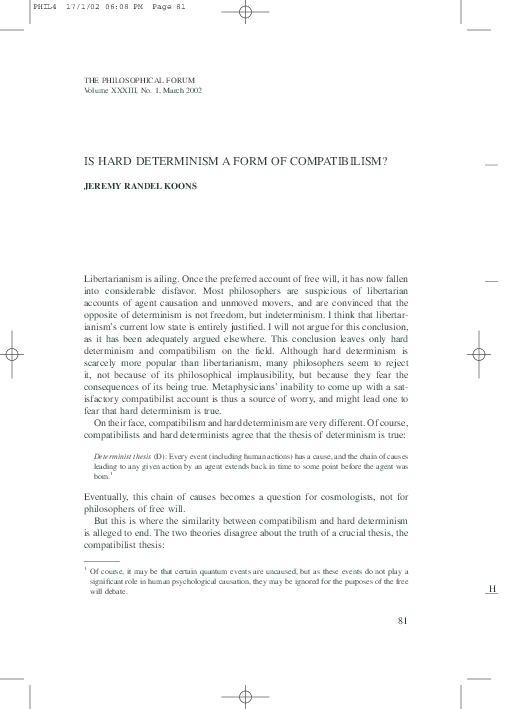 (PDF) Is Hard Determinism a Form of Compatibilism? Jeremy Koons