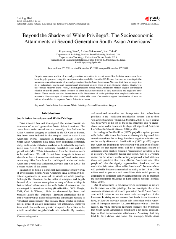 Beyond the Shadow of White Privilege?: The Socioeconomic Attainments of Second Generation South Asian Americans