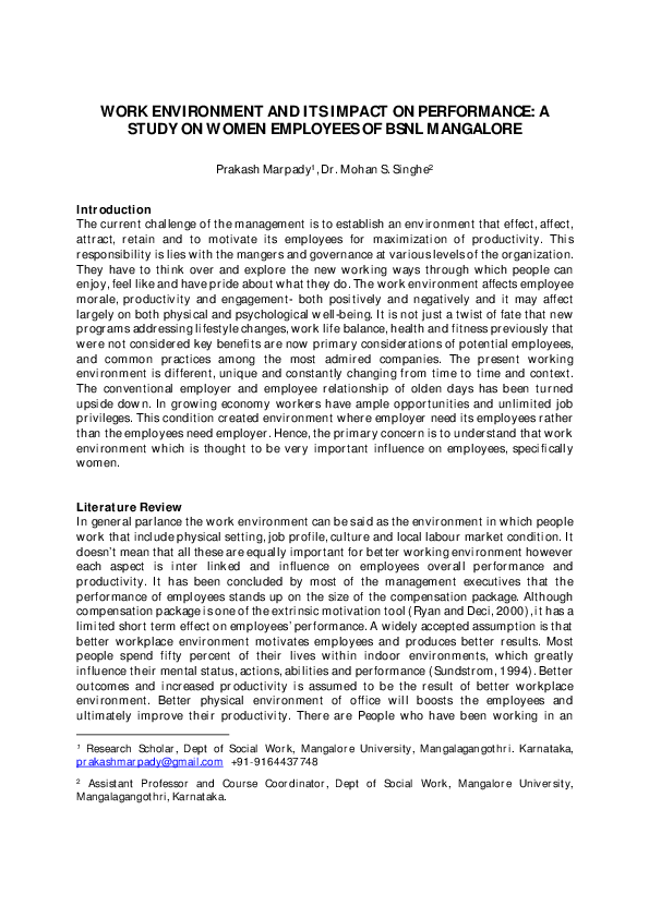 (PDF) WORK ENVIRONMENT AND ITS IMPACT ON PERFORMANCE: A STUDY ON WOMEN ...
