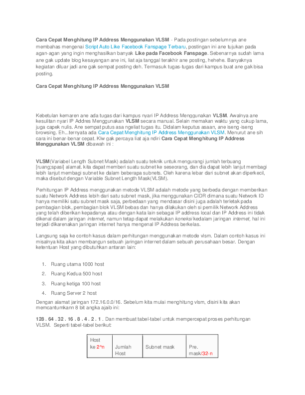 Doc Cara Cepat Menghitung Ip Address Menggunakan Vlsm Rizky Hidaytullah Rizky Academia Edu