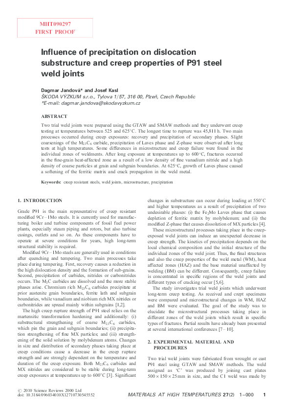 (PDF) Influence of precipitation on dislocation substructure and creep ...