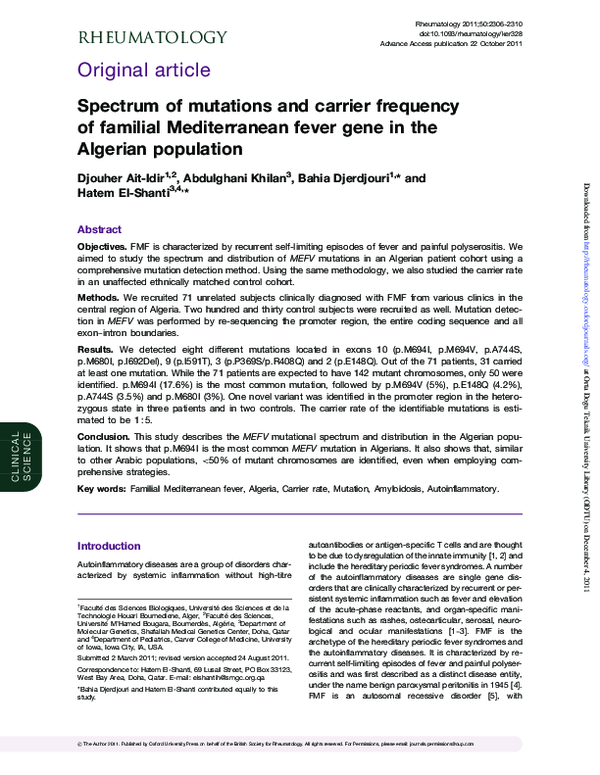 (PDF) Spectrum of mutations and carrier frequency of familial ...
