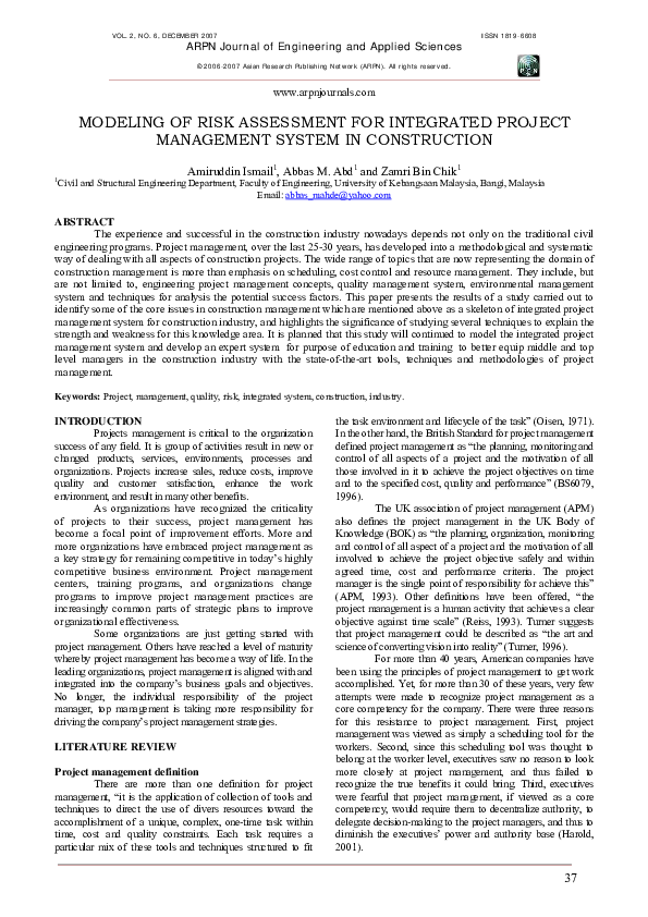 (PDF) MODELING OF RISK ASSESSMENT FOR INTEGRATED PROJECT MANAGEMENT ...