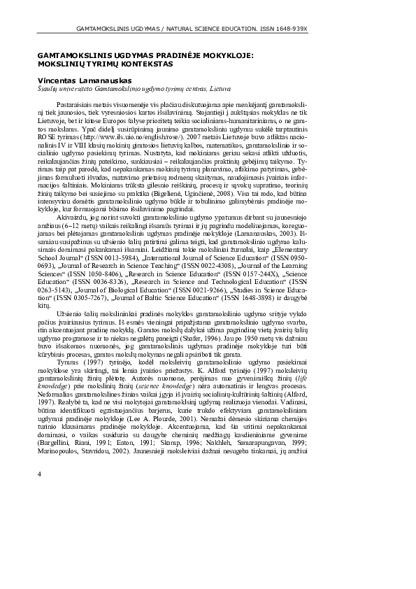 Pdf Natural Science Education In Primary School The Context Of