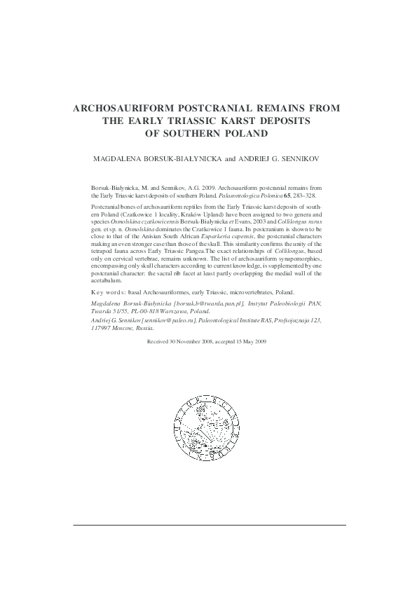(PDF) ARCHOSAURIFORM POSTCRANIAL REMAINS FROM THE EARLY TRIASSIC KARST ...
