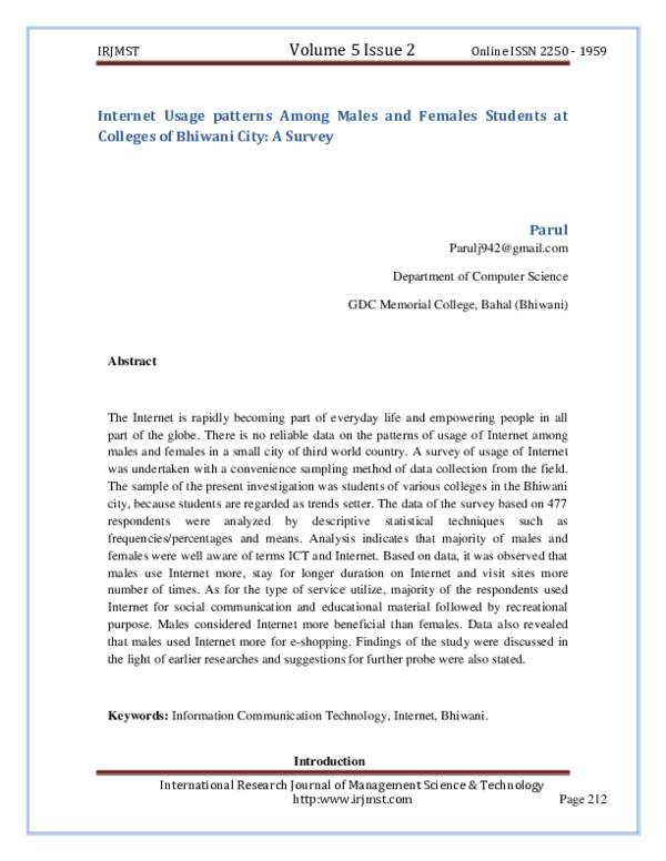 (PDF) Internet Usage patterns Among Males and Females Students at ...