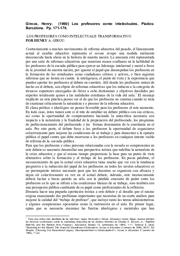 (PDF) LOS PROFESORES COMO INTELECTUALES. Henry Giroux. Aírame Soto Academia.edu