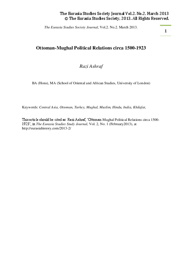 (PDF) OttomanMughal Political Relations circa 15001923 Razi Ashraf Academia.edu