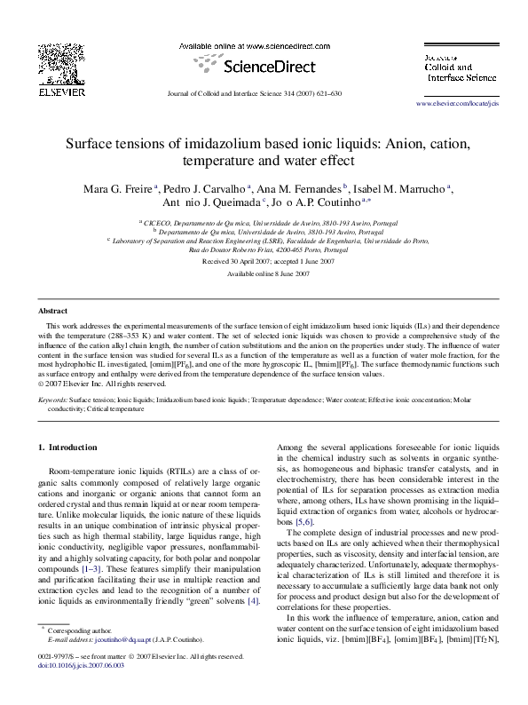 (PDF) Surface tensions of imidazolium based ionic liquids: Anion ...