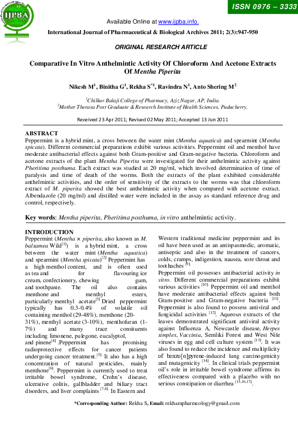 (PDF) Comparative In Vitro Anthelmintic Activity Of Chloroform And ...