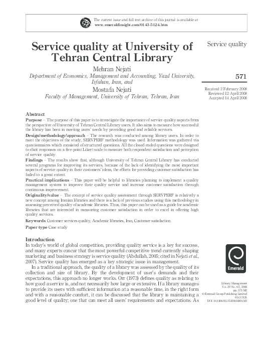 (PDF) Service quality at University of Tehran central library