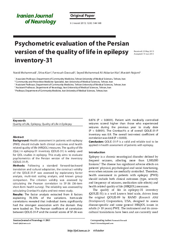 (PDF) Psychometric evaluation of the Persian version of the quality of ...
