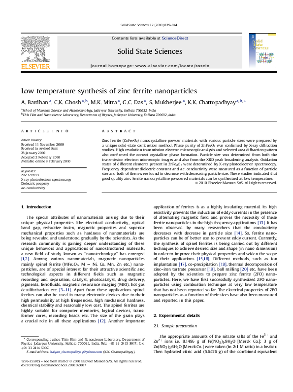 Low temperature synthesis of zinc ferrite nanoparticles Abheek Bardhan Academia.edu