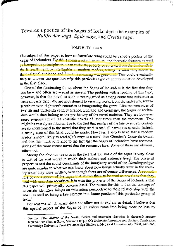 Torfi H. Tulinius Towards a Poetics of the Sagas of Icelanders. The