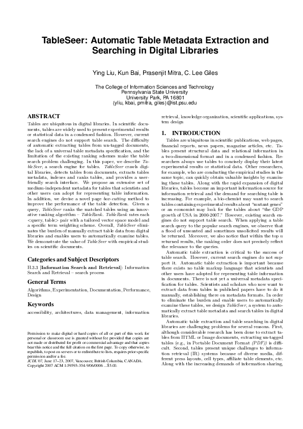(PDF) TableSeer: automatic table metadata extraction and searching in ...