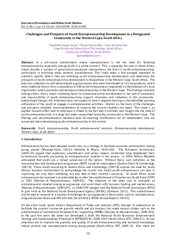 Challenges and Prospects of Youth Entrepreneurship Development in a Designated Community in the Western Cape, South Africa