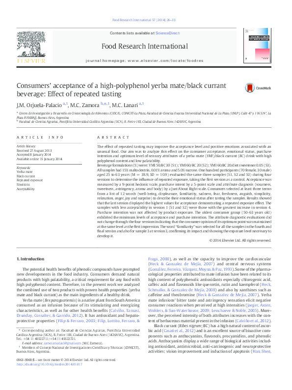 (PDF) Consumers' acceptance of a highpolyphenol yerba mate/black currant beverage Effect of