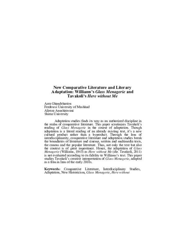 Pdf New Comparative Literature And Literary Adaptation Ghandeharion Anushiravani ادبیات تطبیقی نو و اقتباس ادبی Alireza Anushiravani Academia Edu