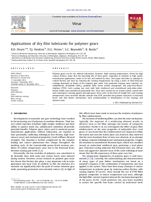 (PDF) Applications of dry film lubricants for polymer gears Dimitar
