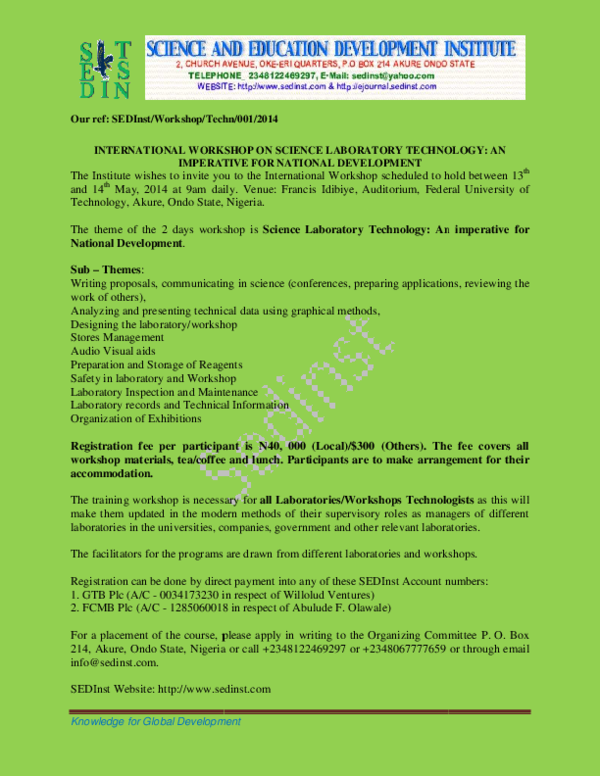 INTERNATIONAL ON SCIENCE LABORATORY TECHNOLOGY AN IMPERATIVE