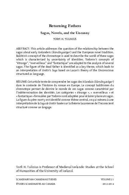 Torfi H. Tulinius Returning Fathers. Sagas, Novels, and the Uncanny, Scandinavian-Canadian Studies 21 (2012-2014)