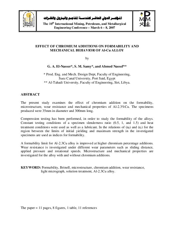 Pdf Pa Ynuai Ssi Juai A Uba A O A Beua Iua U A Effect Of Chromium Additions On Formability And Mechanical Behavior Of Al Cu Alloy Ahmed Nassef Academia Edu