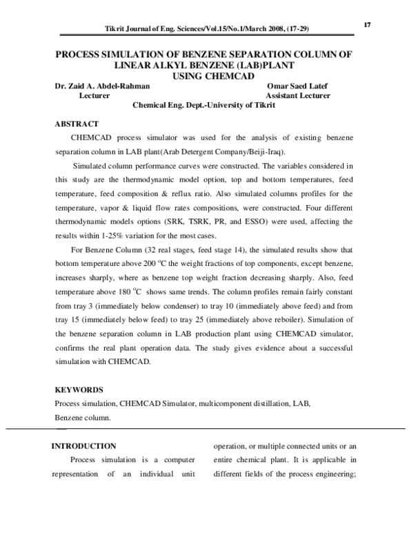 (PDF) PROCESS SIMULATION OF BENZENE SEPARATION COLUMN OF LINEAR ALKYL ...