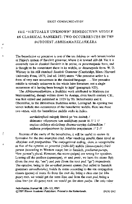 First page of “The "Virtually Unknown" Benedictive Middle in Classical Sanskrit: Two  Occurrences in the Buddhist Abhisamayalankara”