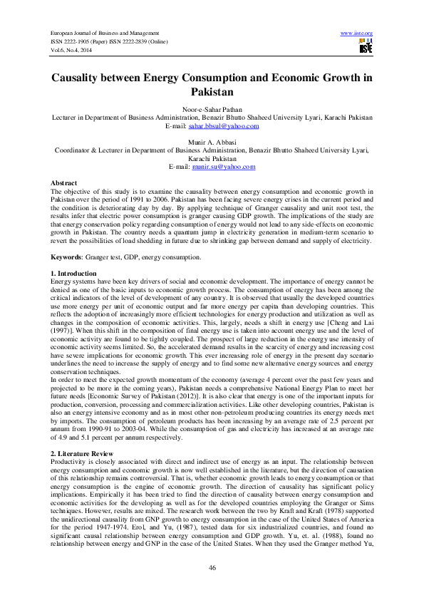 (PDF) Causality between Energy Consumption and Economic Growth in Pakistan