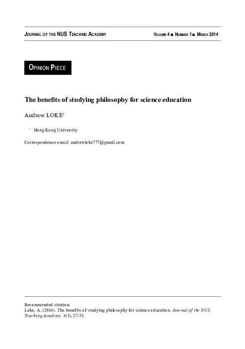 First page of “The benefits of studying philosophy for science education”