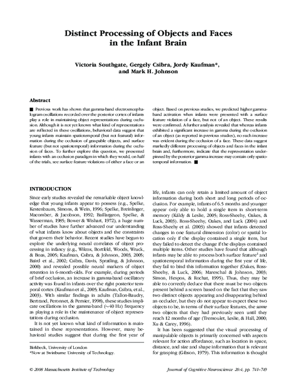 (PDF) Distinct Processing of Objects and Faces in the Infant Brain